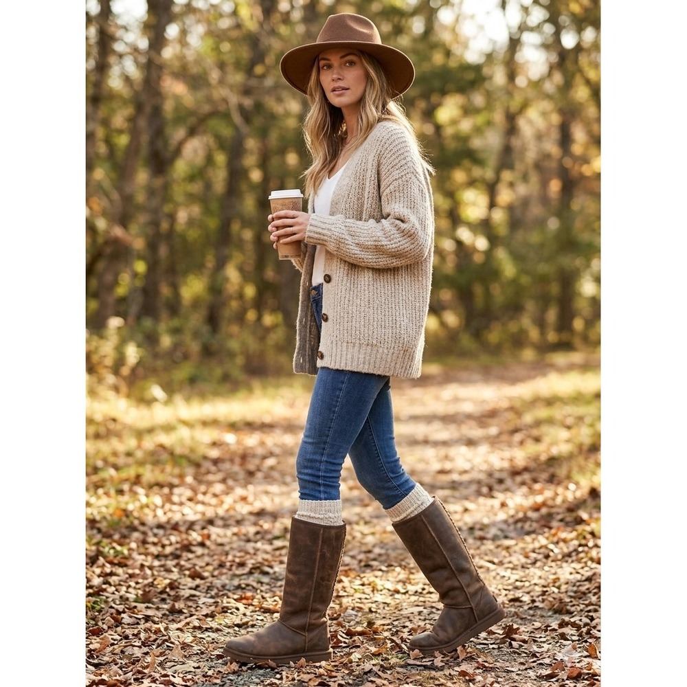 Ugg Australia Women's 7 Brown Leather Woven Lattice Back Shearling Boots 10015F
